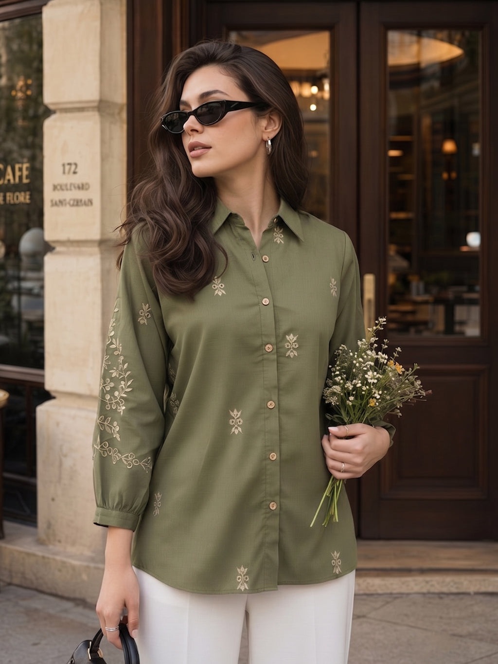 Zummer Women Olive Floral Embroidered Cotton Shirt