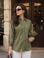 Zummer Women Olive Floral Embroidered Cotton Shirt