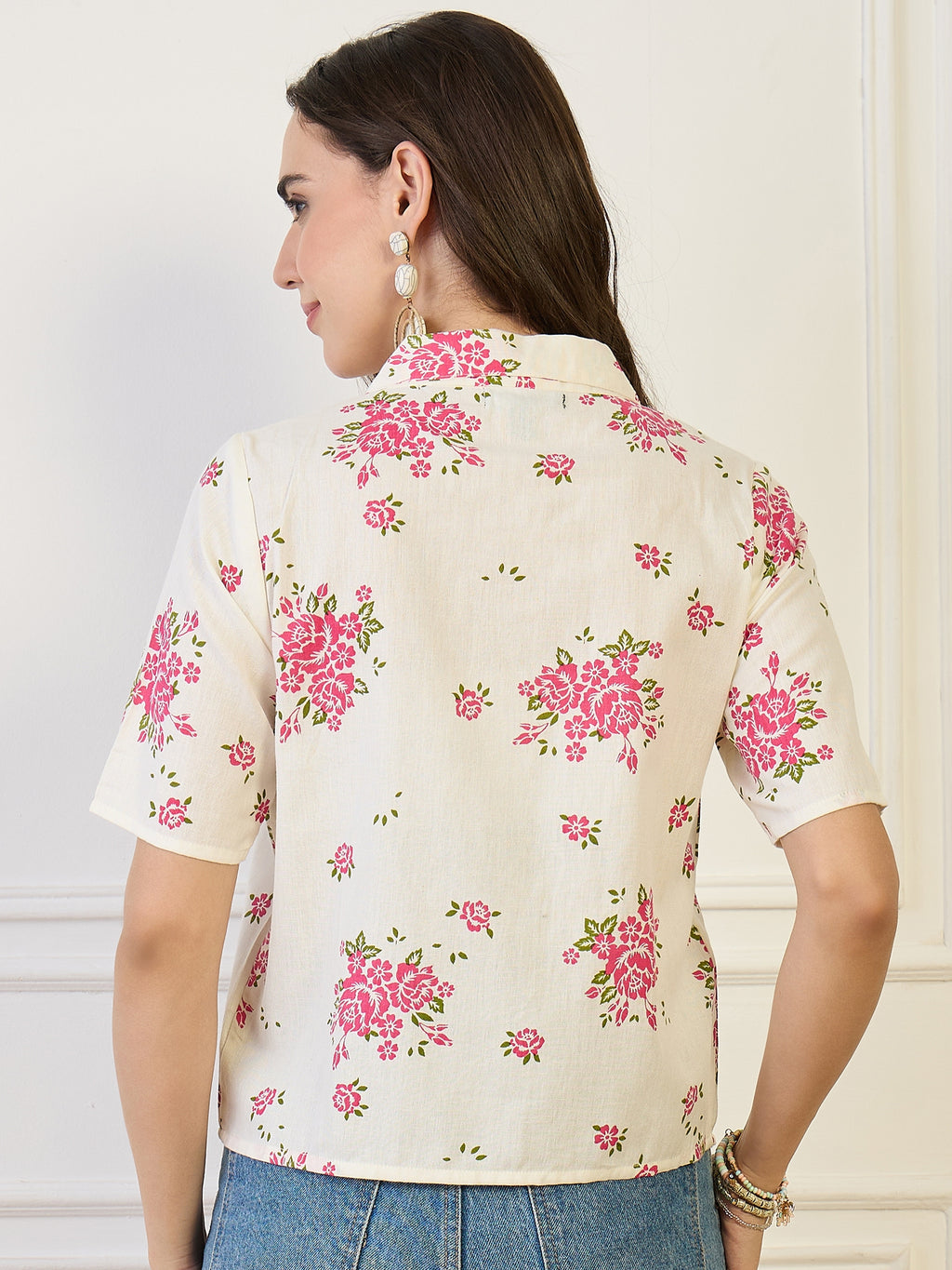 Cotton Off White Floral Print Shirt