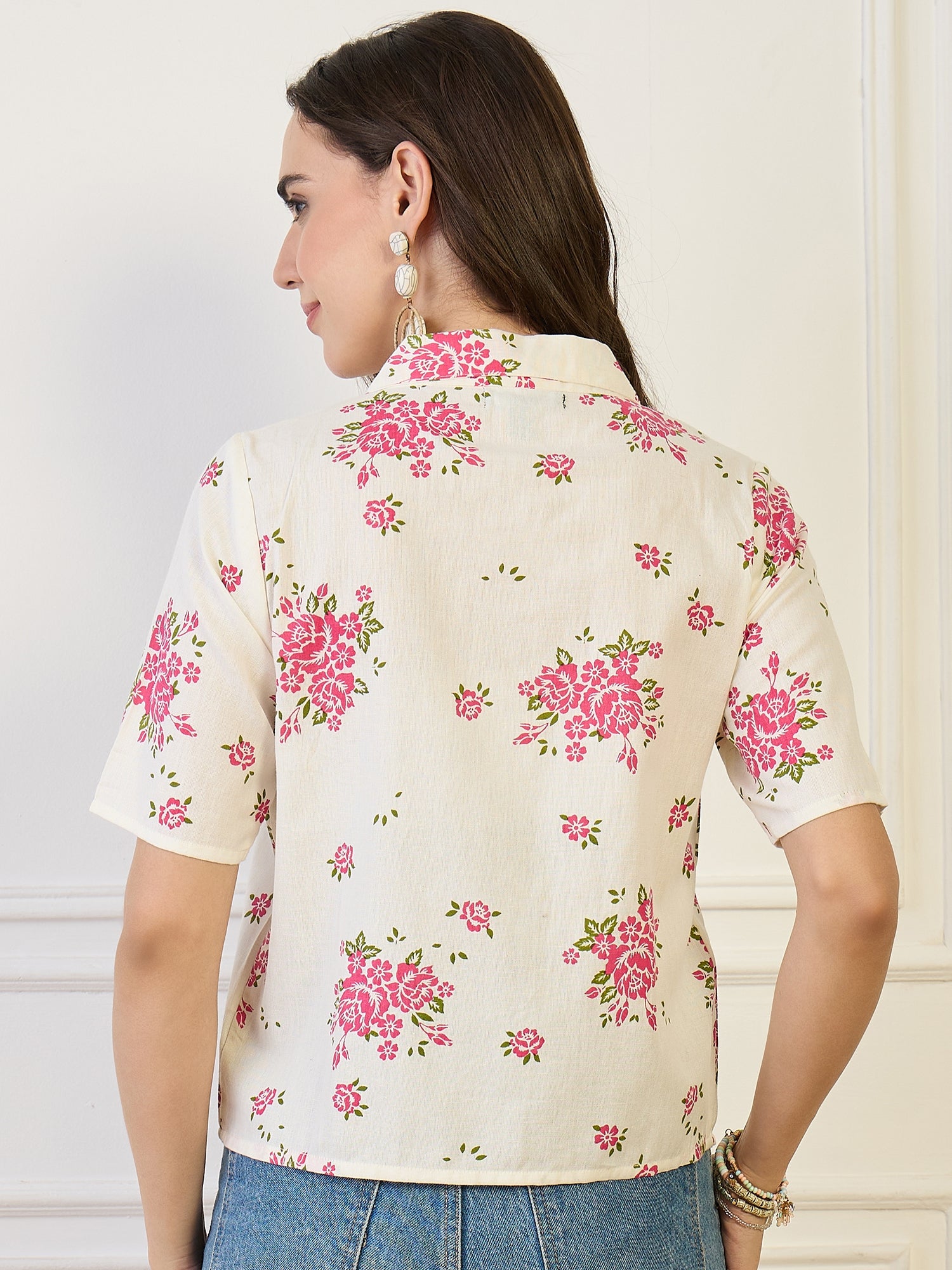 Cotton Off White Floral Print Shirt