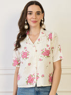 Cotton Off White Floral Print Shirt