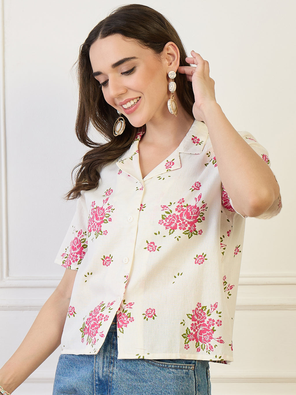 Cotton Off White Floral Print Shirt