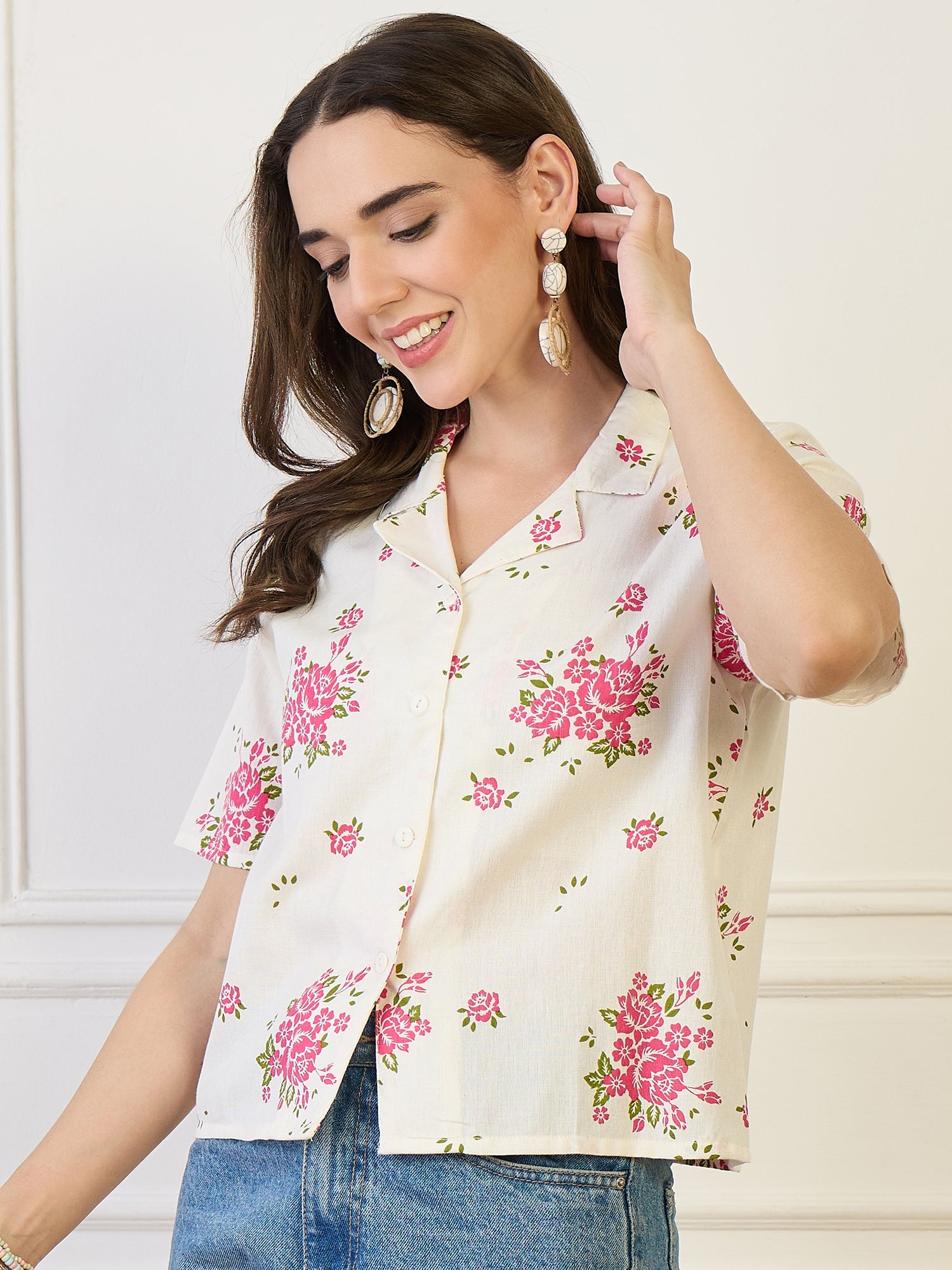 Cotton Off White Floral Print Shirt
