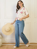 Cotton Off White Floral Print Shirt