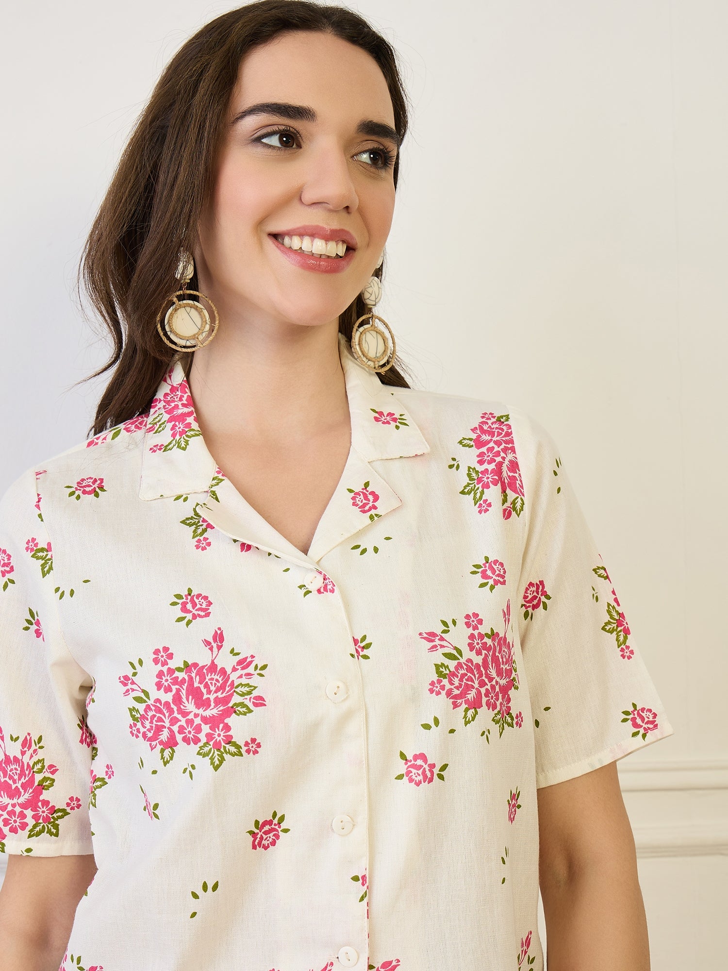 Cotton Off White Floral Print Shirt
