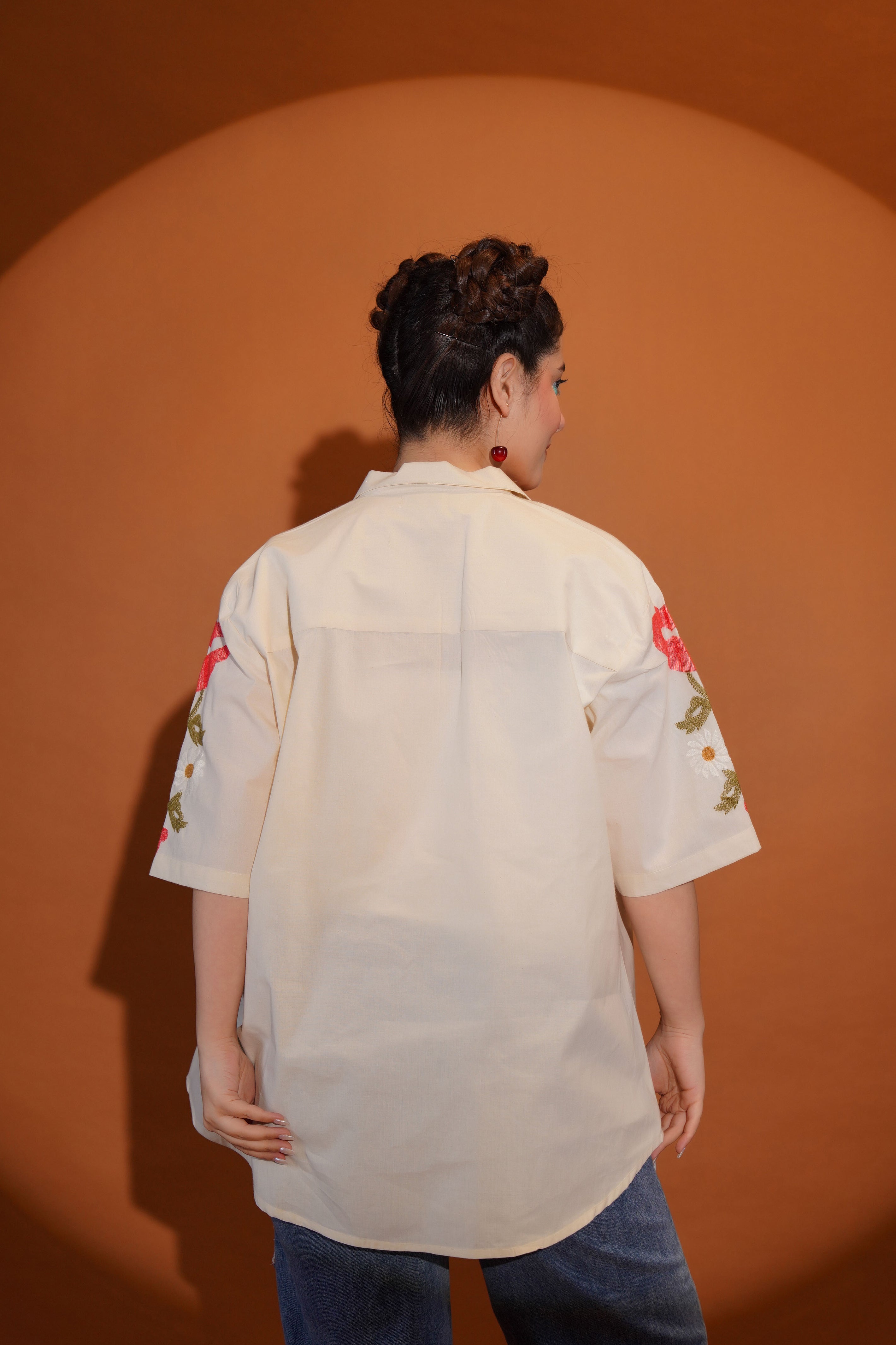 Cotton Off White Floral Embroidered Shirt