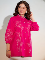 Cotton Pink Floral Embroidered Shirt
