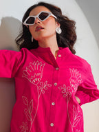 Cotton Pink Floral Embroidered Shirt