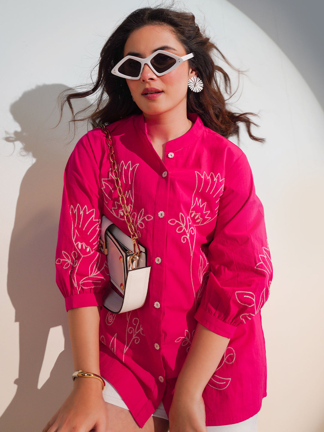 Cotton Pink Floral Embroidered Shirt