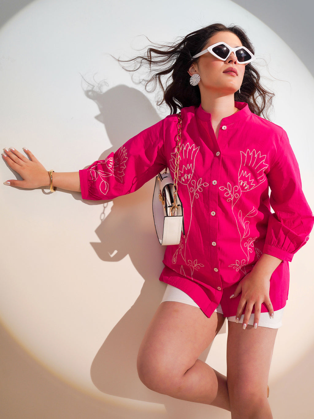 Cotton Pink Floral Embroidered Shirt