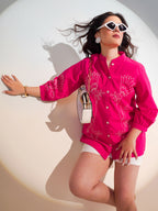 Cotton Pink Floral Embroidered Shirt