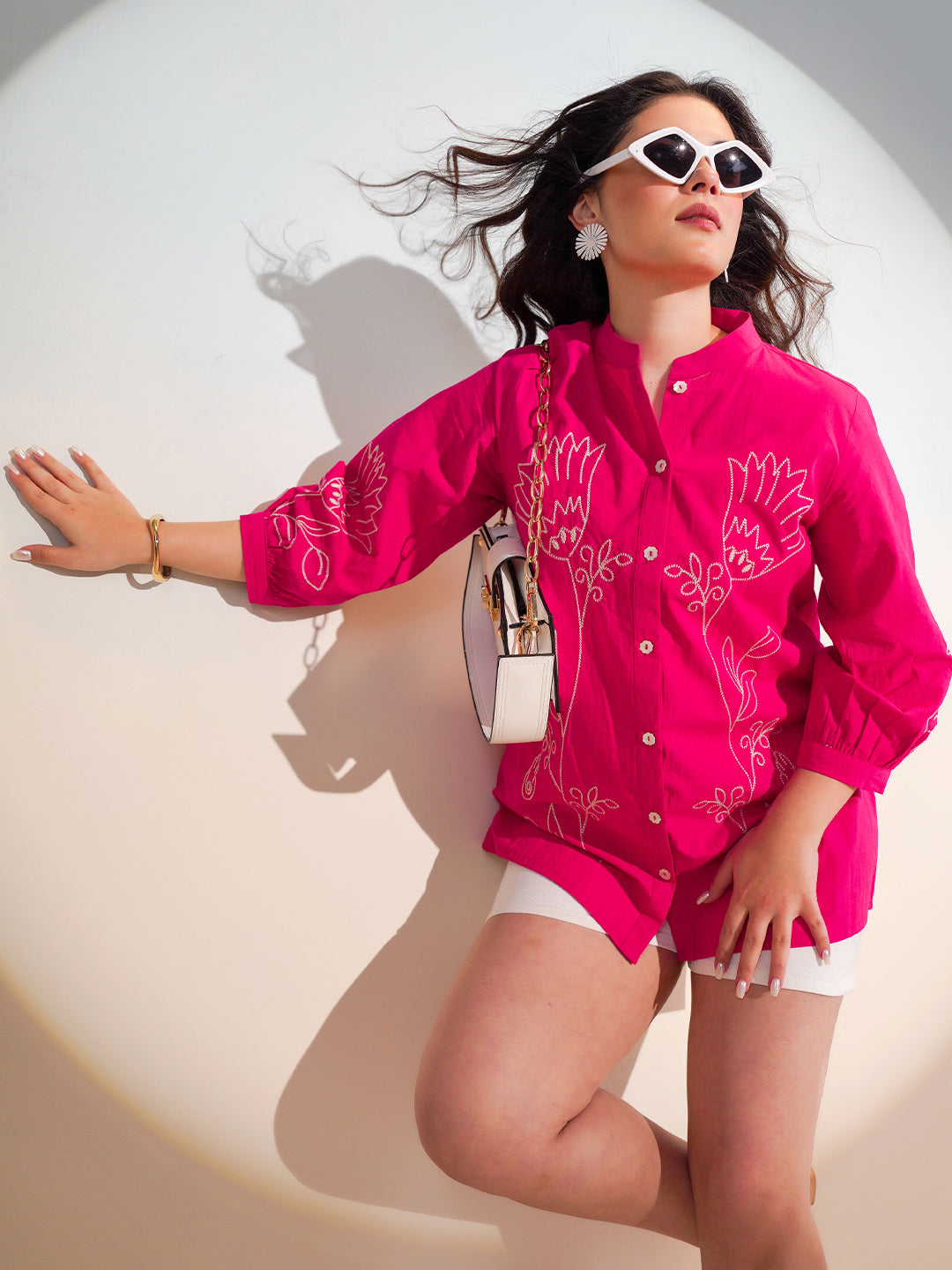 Cotton Pink Floral Embroidered Shirt