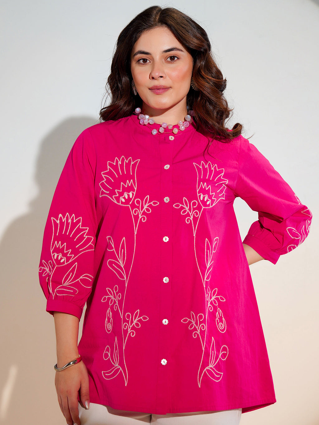 Cotton Pink Floral Embroidered Shirt