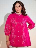 Cotton Pink Floral Embroidered Shirt