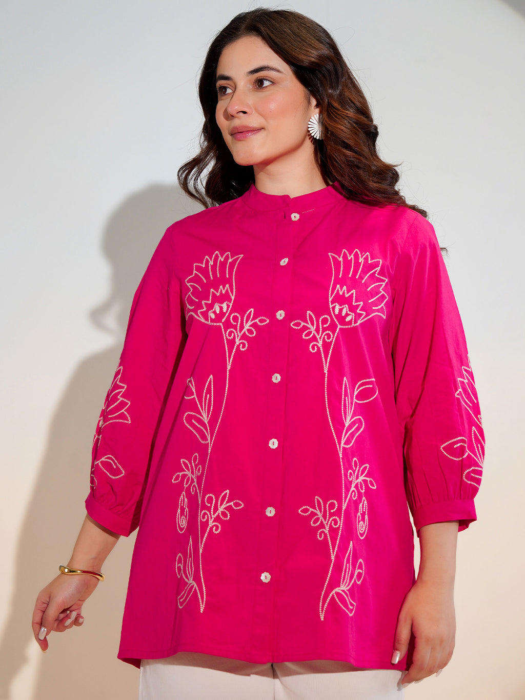 Cotton Pink Floral Embroidered Shirt