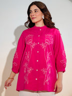 Cotton Pink Floral Embroidered Shirt