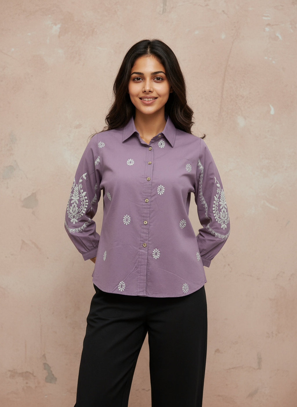 Cotton Purple Embroidered Shirt