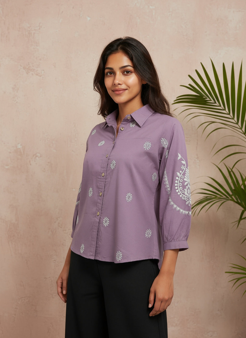 Cotton Purple Embroidered Shirt
