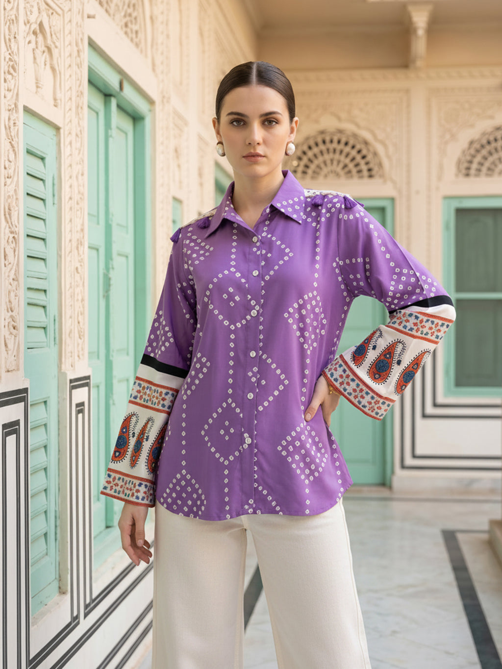 Zummer Women Purple Bandhani Printed Cotton Shirt