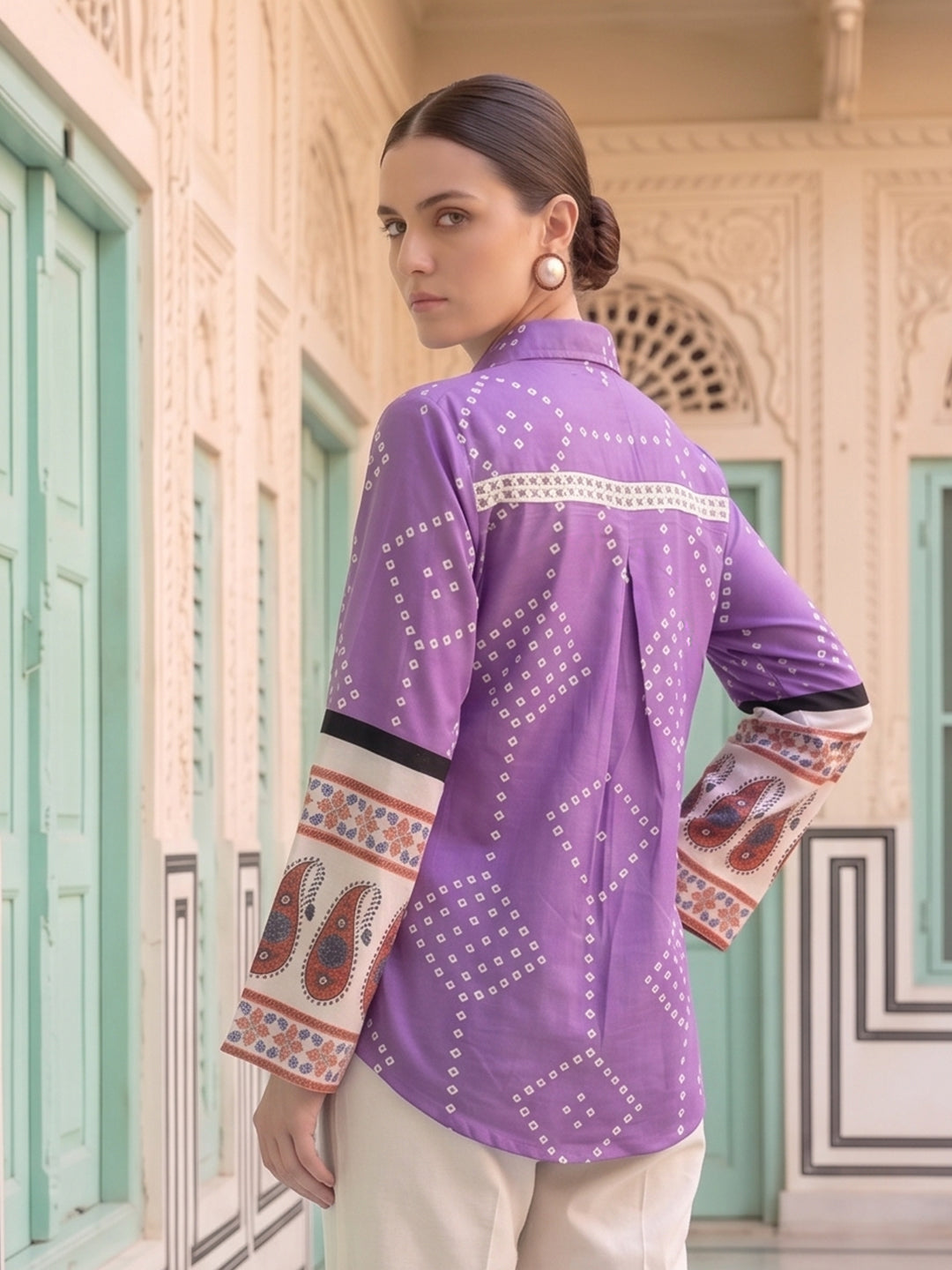 Zummer Women Purple Bandhani Printed Cotton Shirt