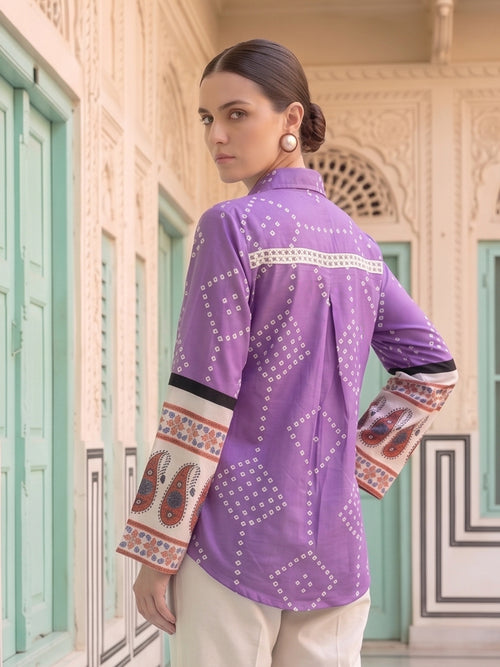 Zummer Women Purple Bandhani Printed Cotton Shirt
