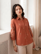 Zummer Women Rust Floral Embroidered Cotton Shirt