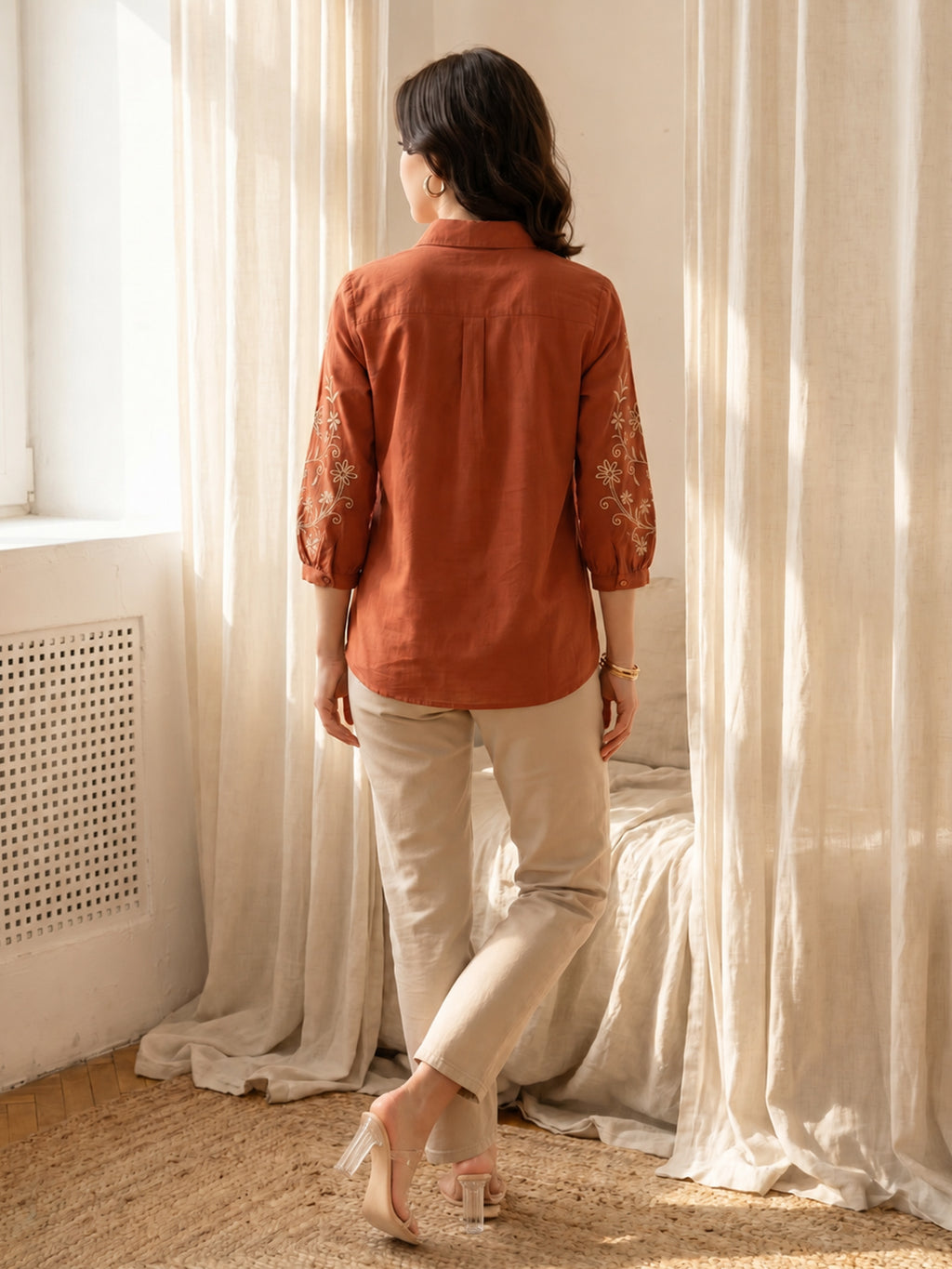 Zummer Women Rust Floral Embroidered Cotton Shirt