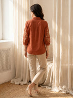 Zummer Women Rust Floral Embroidered Cotton Shirt