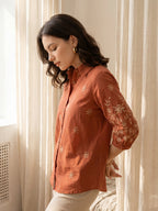 Zummer Women Rust Floral Embroidered Cotton Shirt
