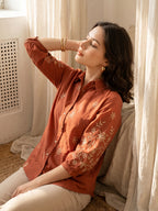 Zummer Women Rust Floral Embroidered Cotton Shirt