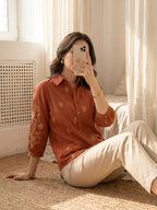 Zummer Women Rust Floral Embroidered Cotton Shirt