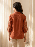 Zummer Women Rust Floral Embroidered Cotton Shirt