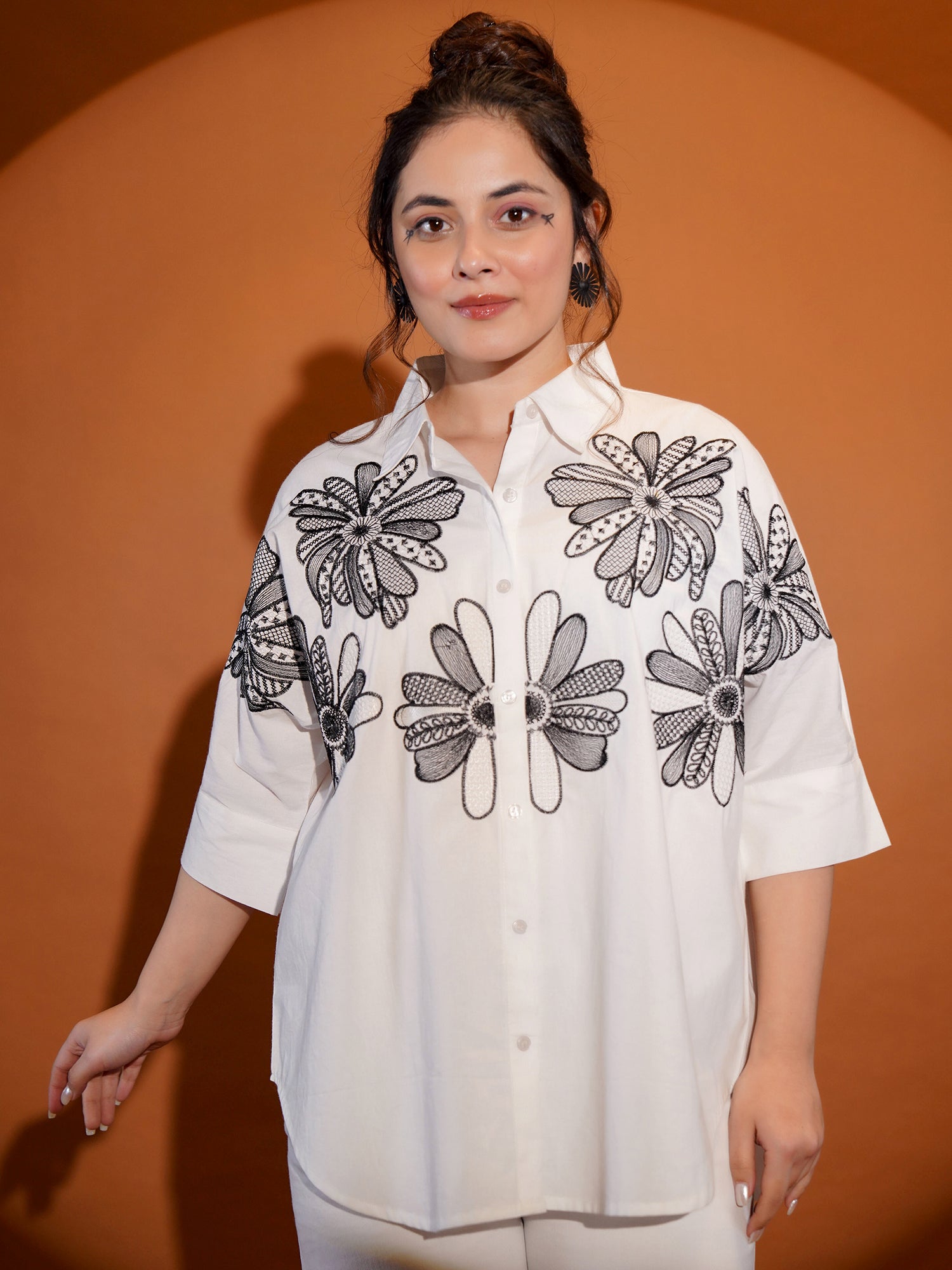 Cotton White Floral Embroidered Shirt
