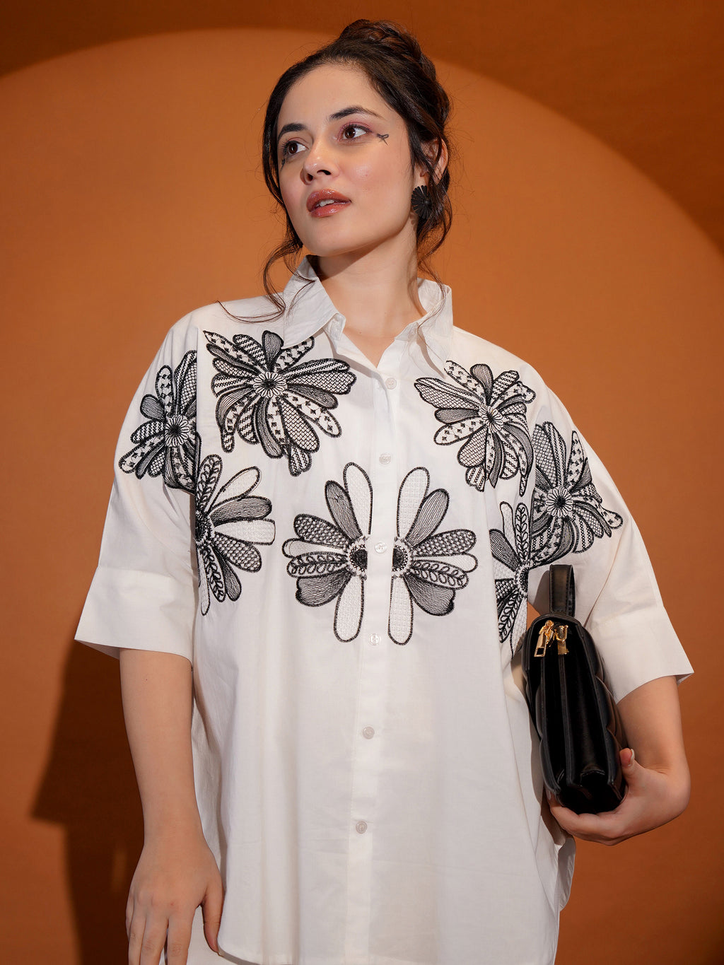 Cotton White Floral Embroidered Shirt