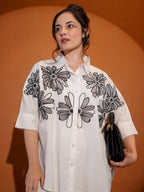 Cotton White Floral Embroidered Shirt