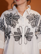 Cotton White Floral Embroidered Shirt