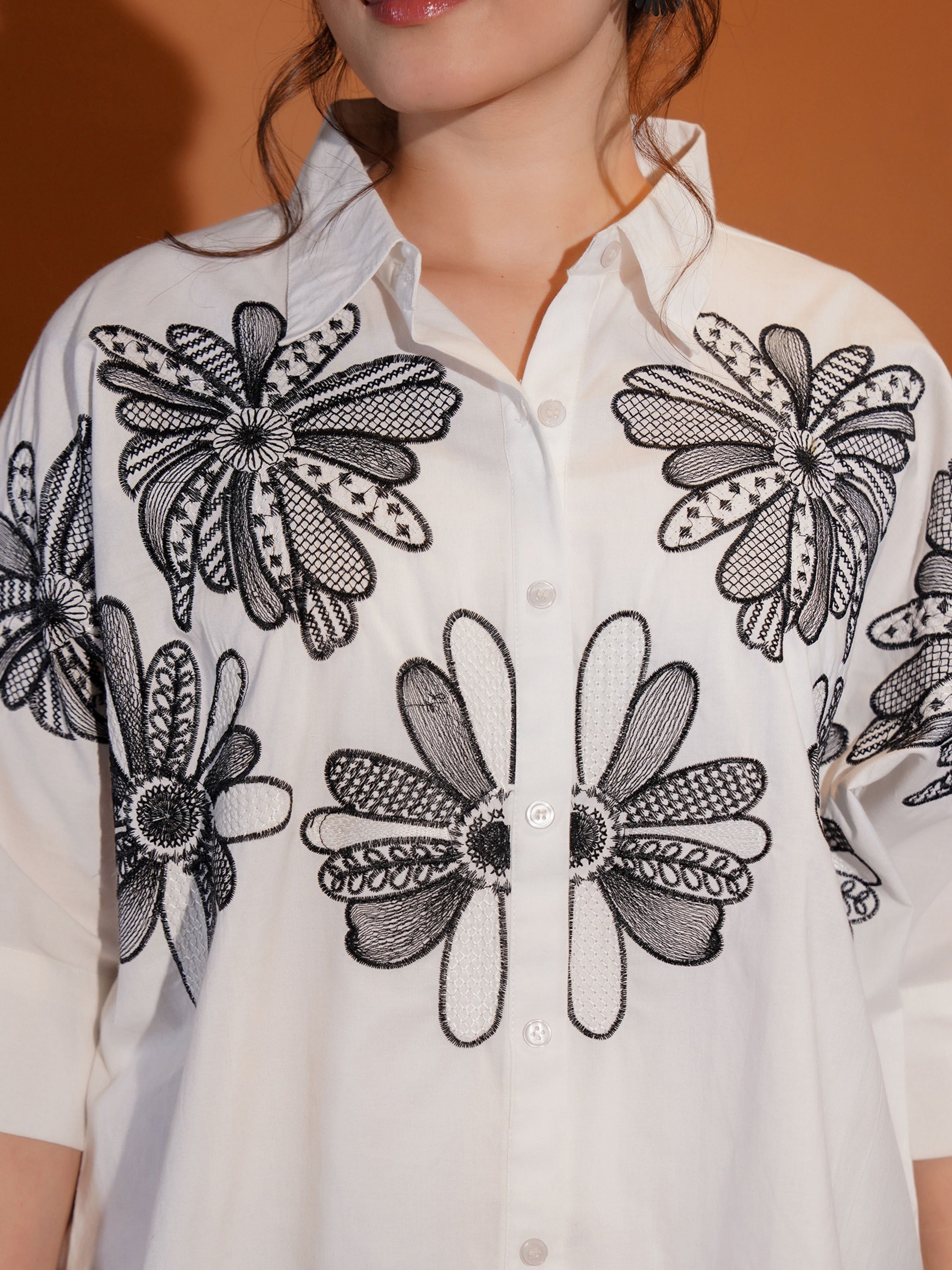 Cotton White Floral Embroidered Shirt