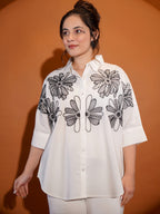 Cotton White Floral Embroidered Shirt