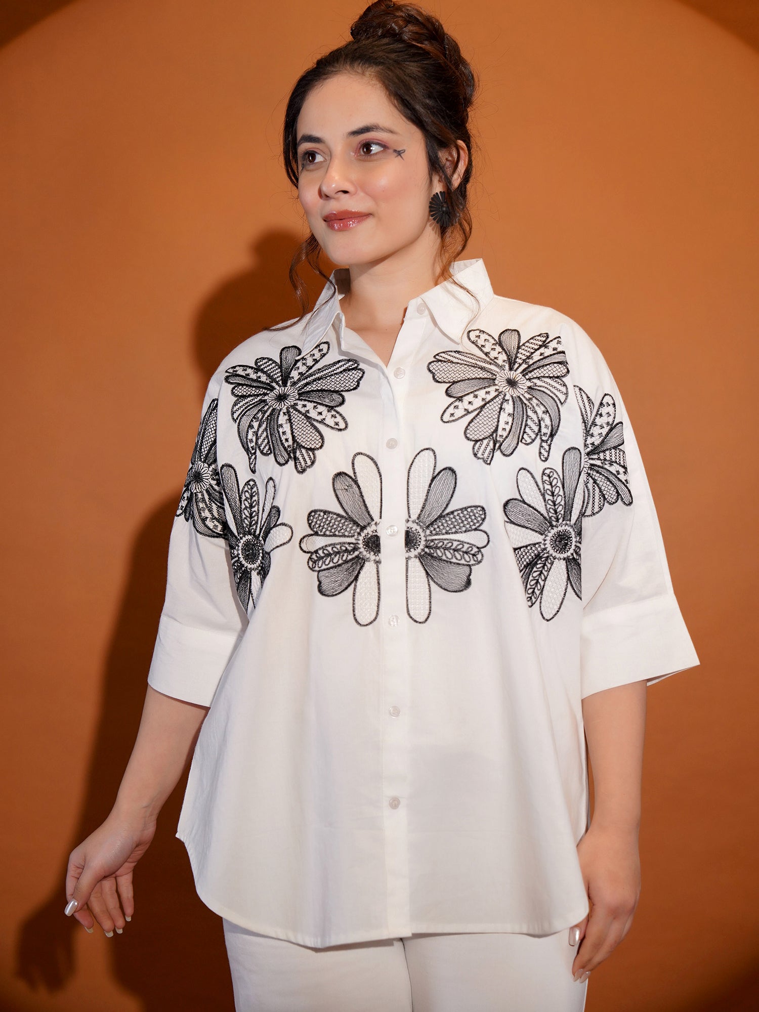 Cotton White Floral Embroidered Shirt