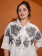 Cotton White Floral Embroidered Shirt