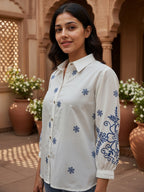 Cotton White Floral Embroidered Shirt