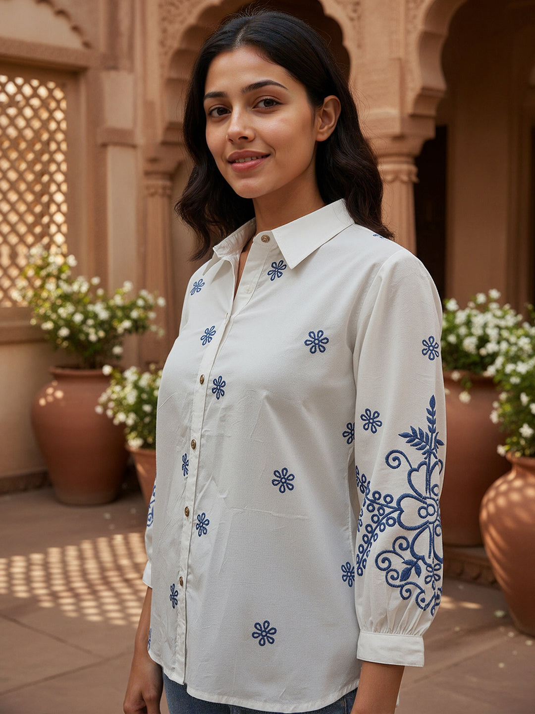 Cotton White Floral Embroidered Shirt