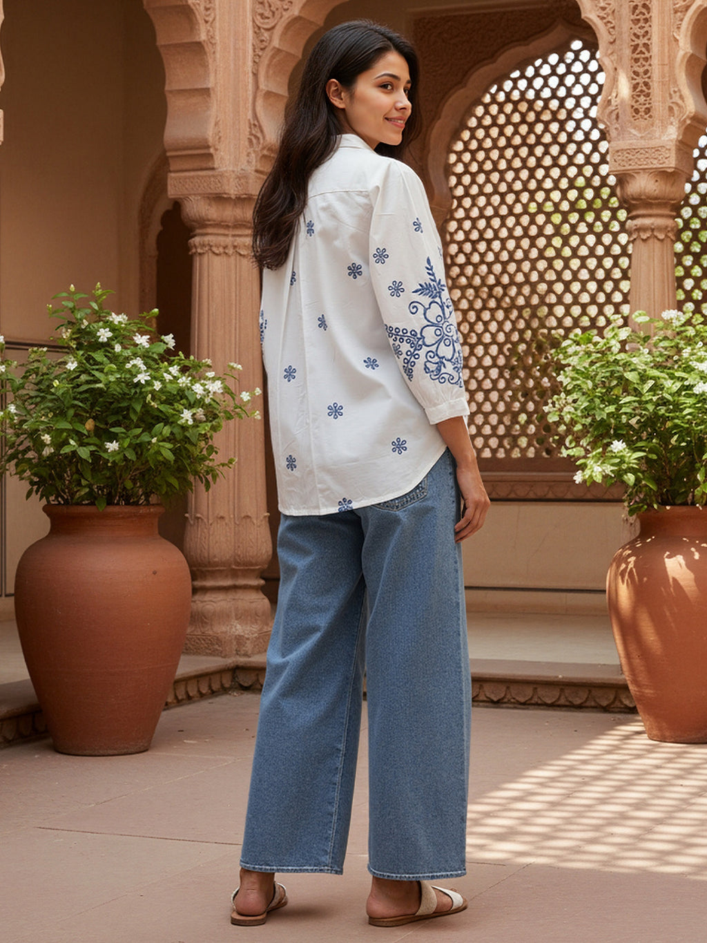 Cotton White Floral Embroidered Shirt