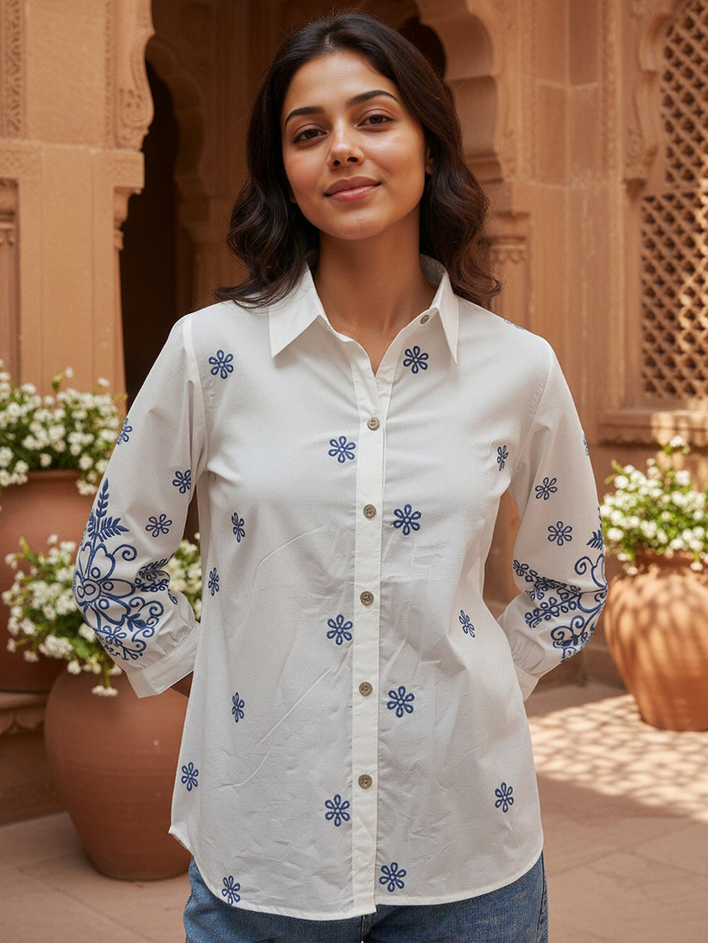 Cotton White Floral Embroidered Shirt