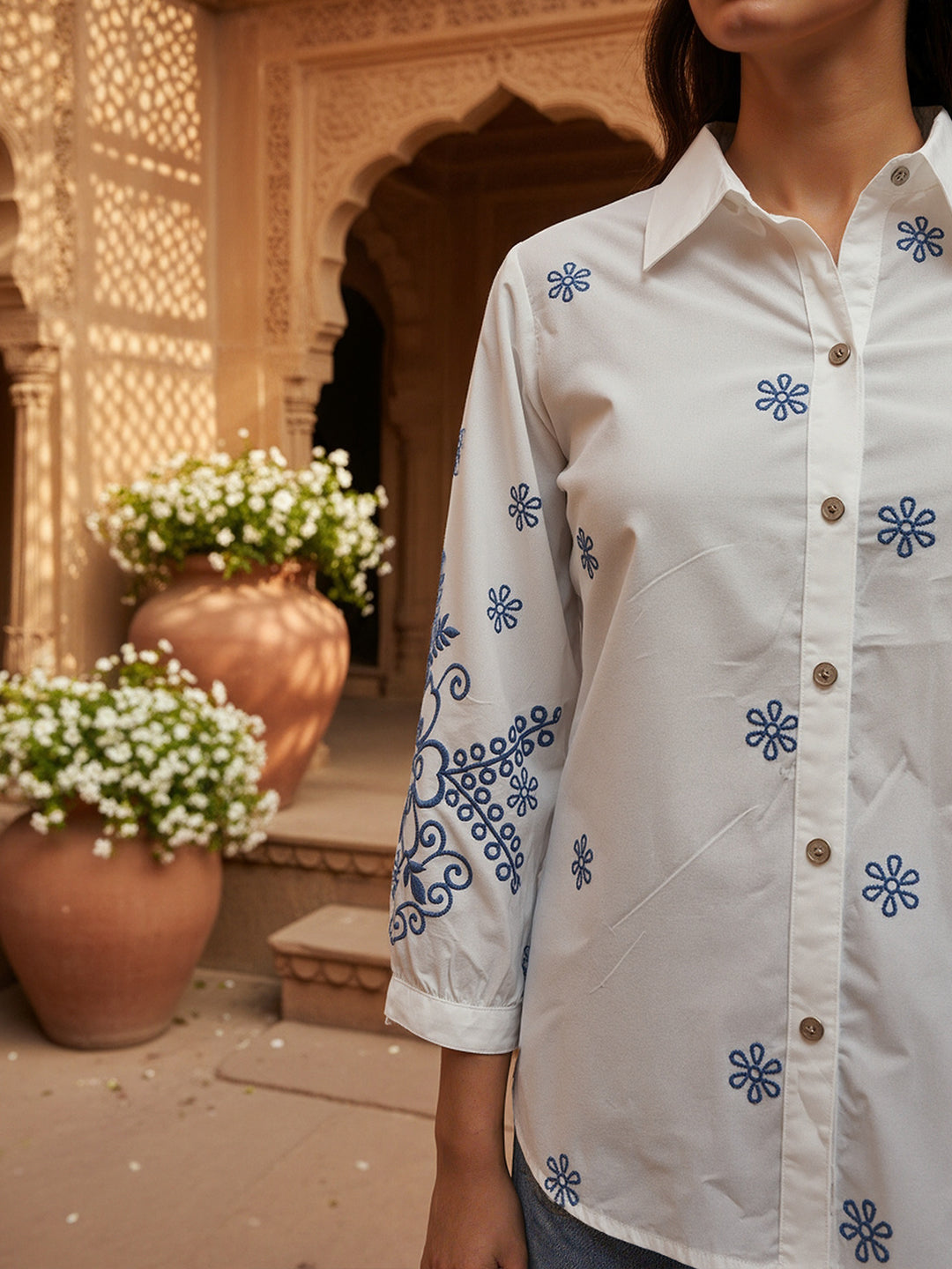 Cotton White Floral Embroidered Shirt