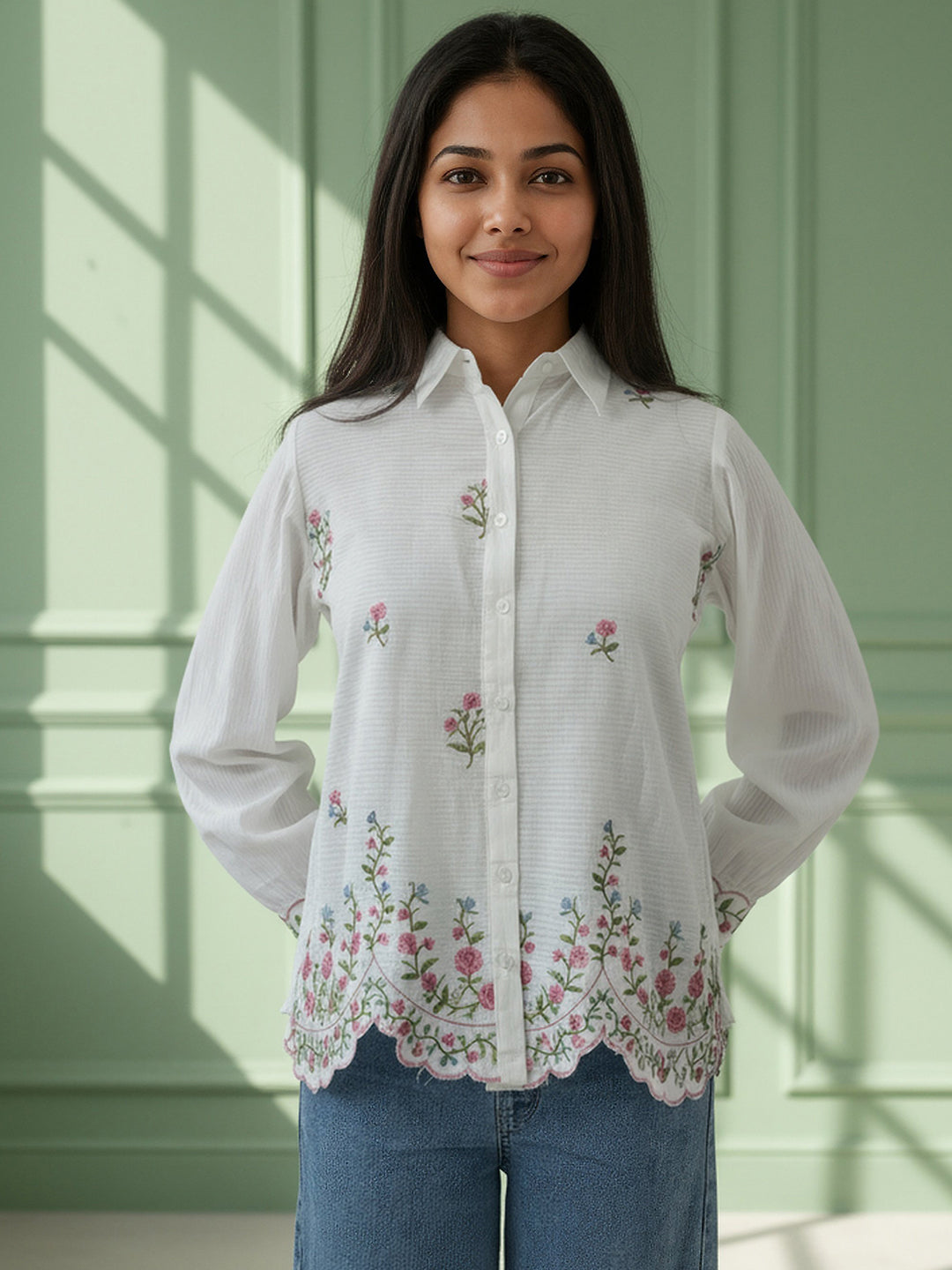 Zummer Cotton White Floral Embroidered Shirt