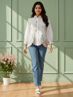 Zummer Cotton White Floral Embroidered Shirt