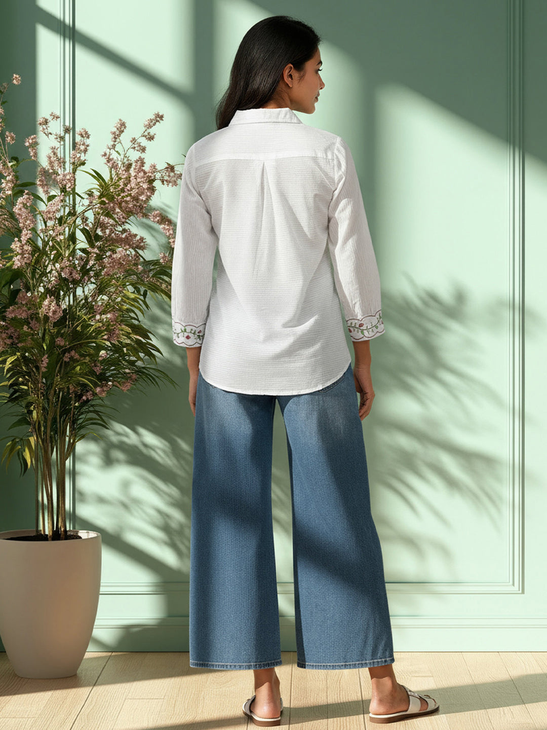 Zummer Cotton White Floral Embroidered Shirt