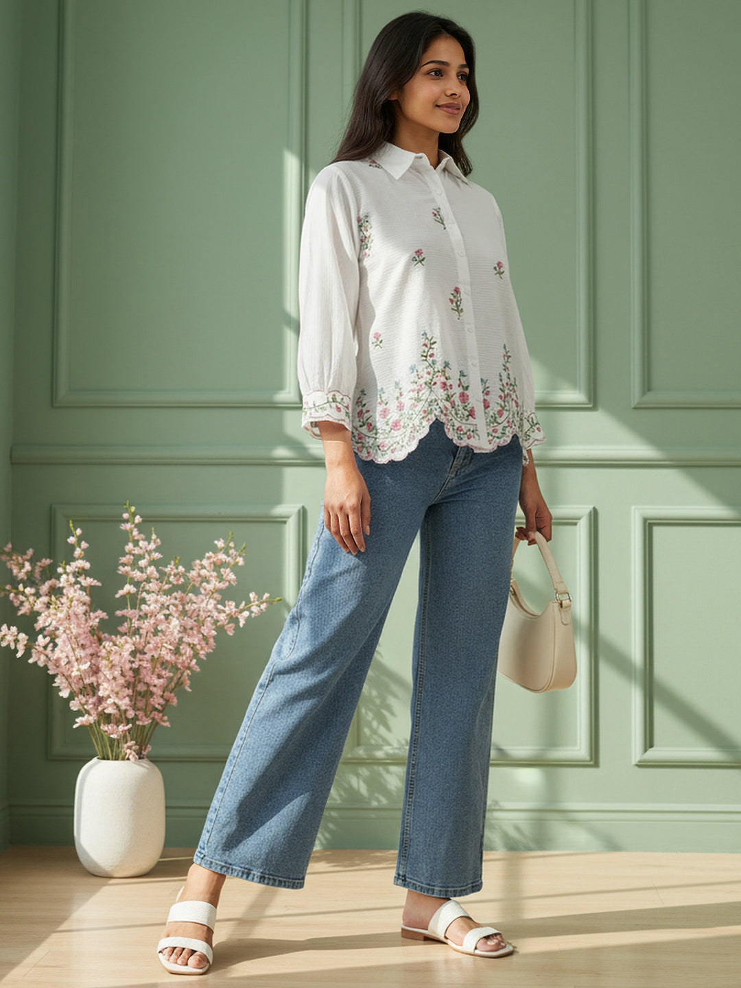 Zummer Cotton White Floral Embroidered Shirt