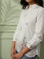 Zummer Cotton White Floral Embroidered Shirt